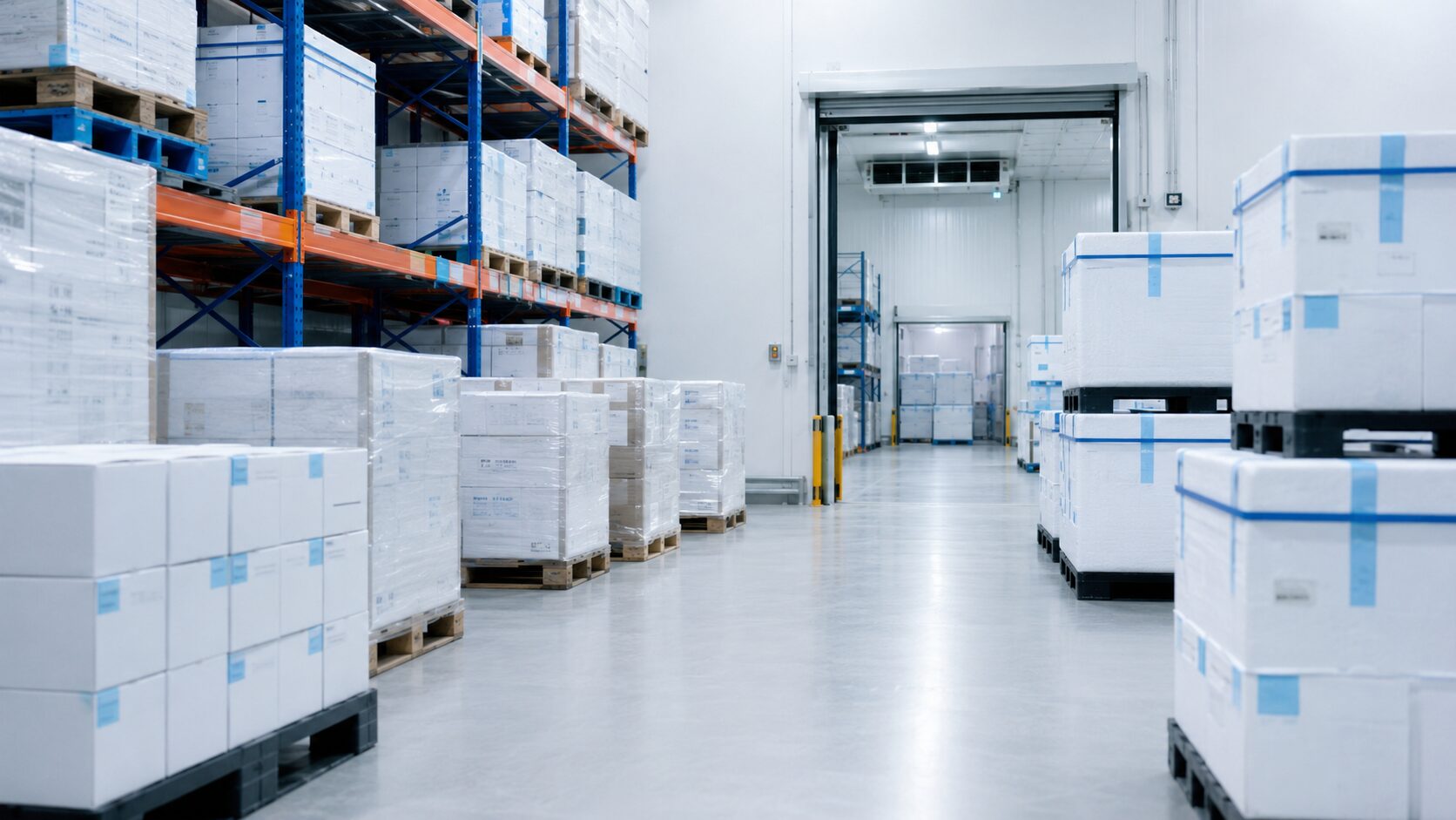 Climate-controlled pharmaceutical warehouse with palletized cold chain shipments