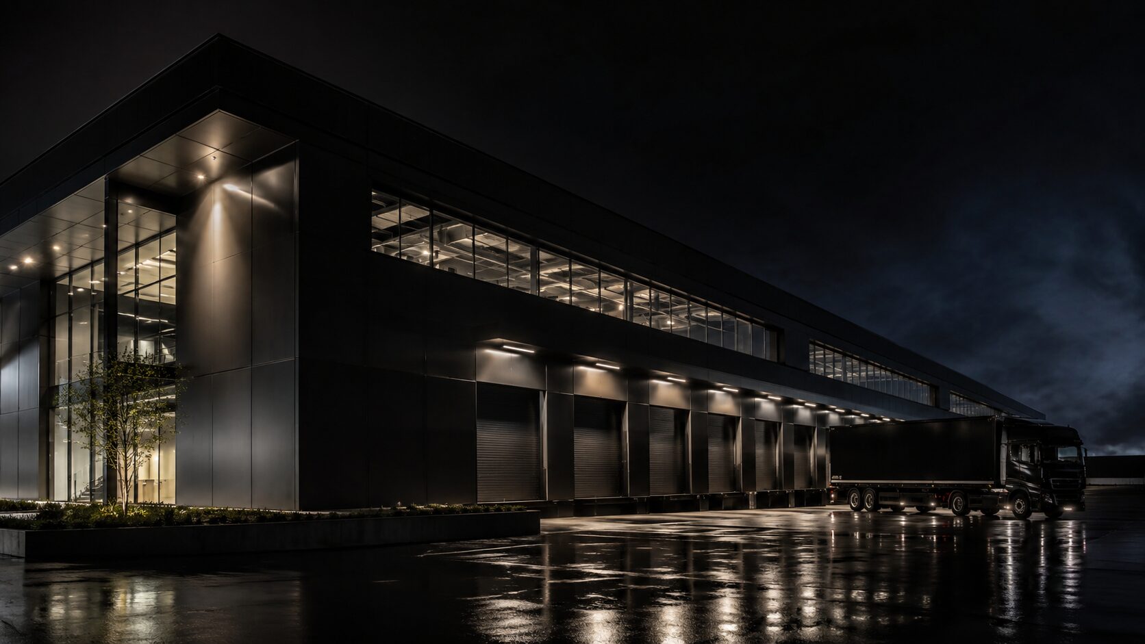 OKO Group logistics facility and truck at a loading dock at night