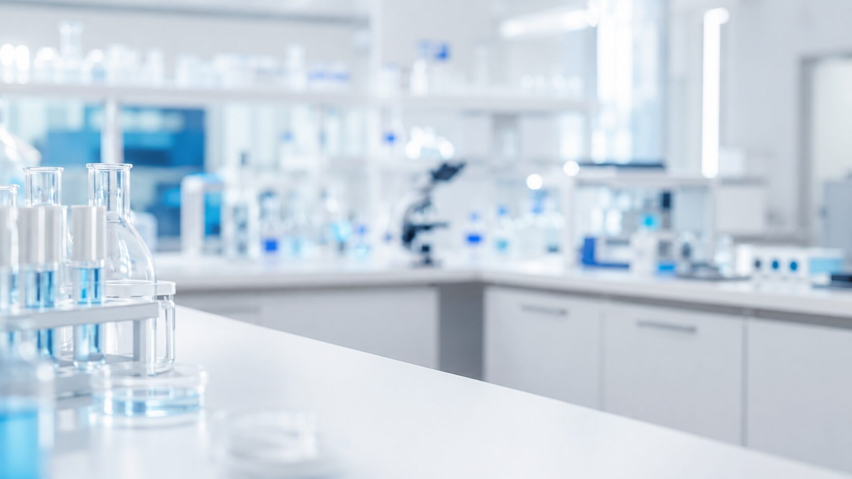 Laboratory workspace with chromatography glassware and microscope