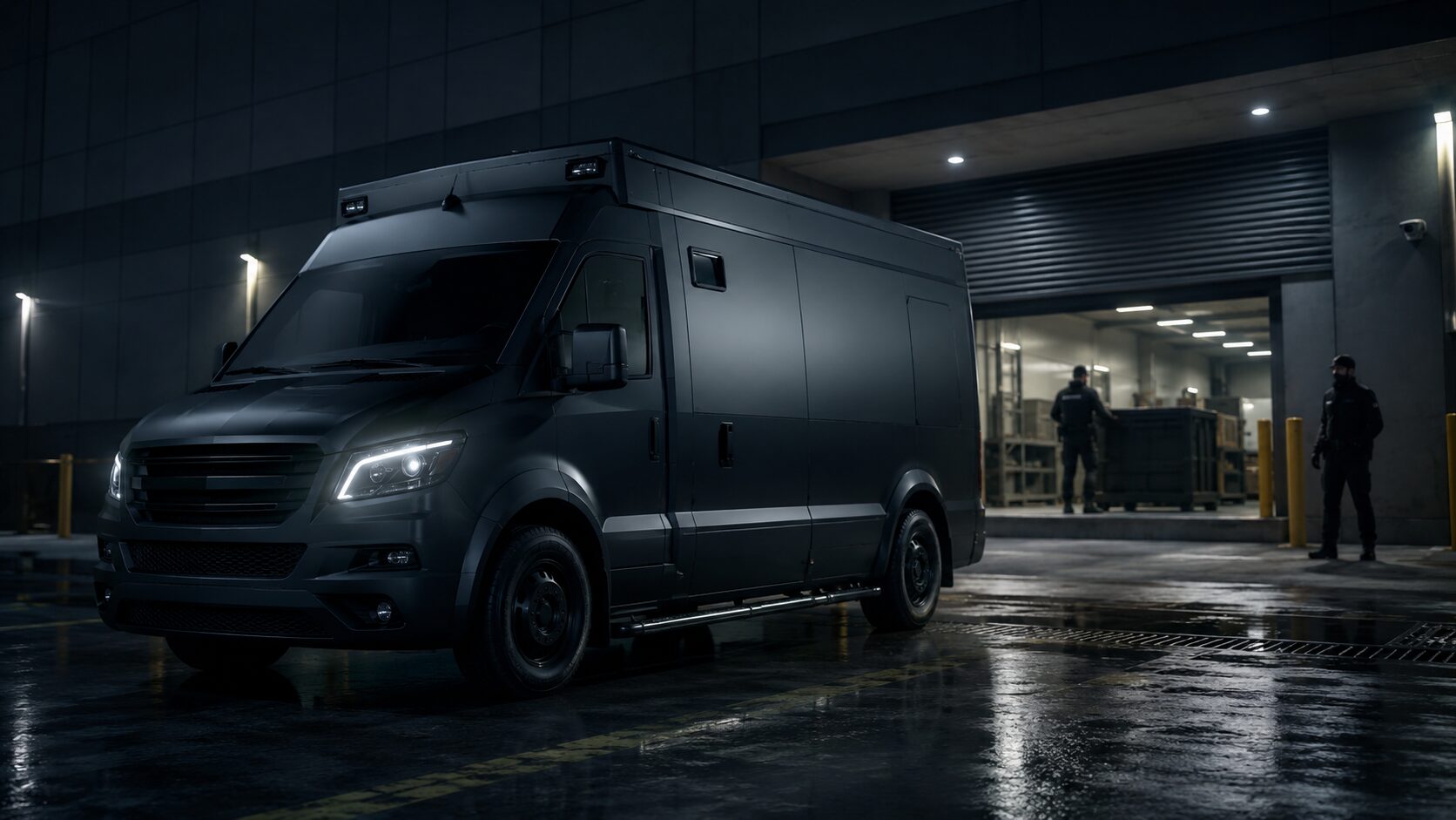Armored security transport vehicle at a guarded facility at night